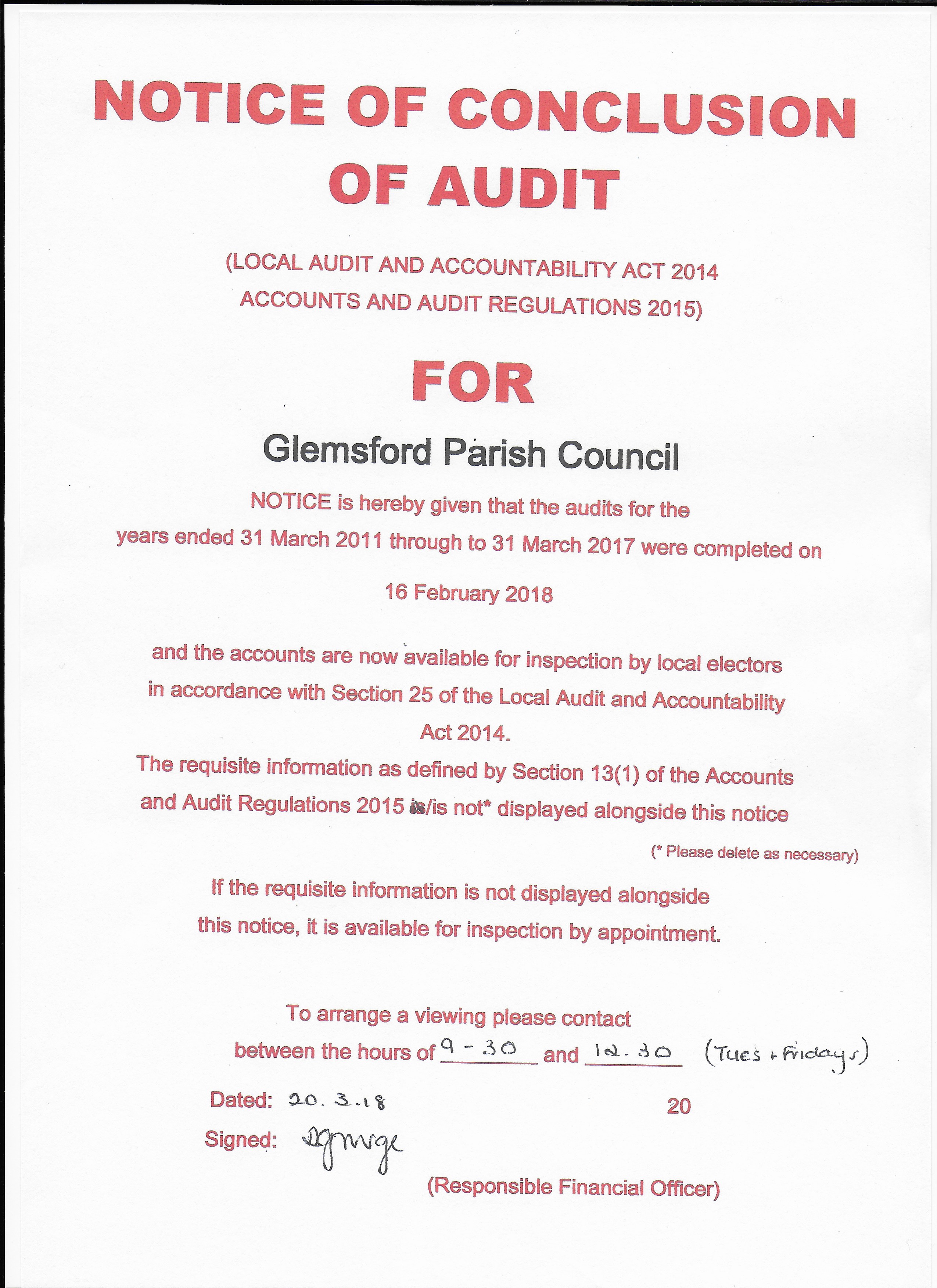 Notice of Conclusion of Audit for Glemsford Parish Council